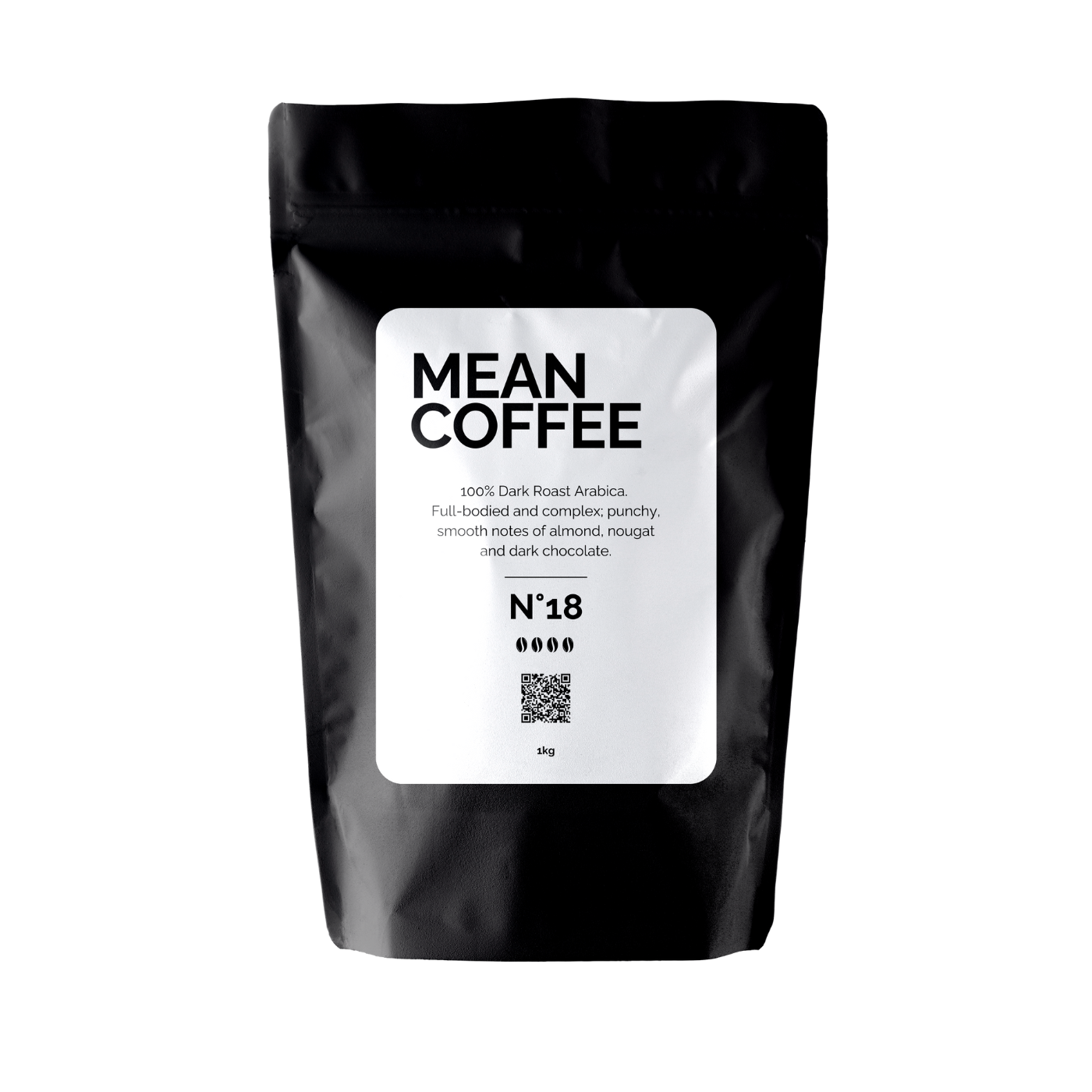 A 1kg bag of Mean Coffee's dark roast coffee beans, labeled 'N18', with a sleek black and white design.