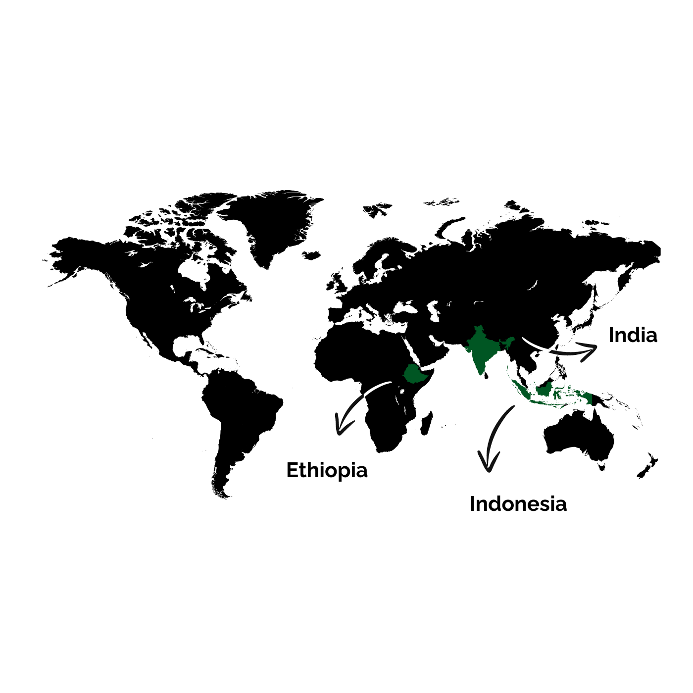 A world map with arrows pointing out the three countries where the coffee beans originate from, "Ethiopia, Indonesia and India".