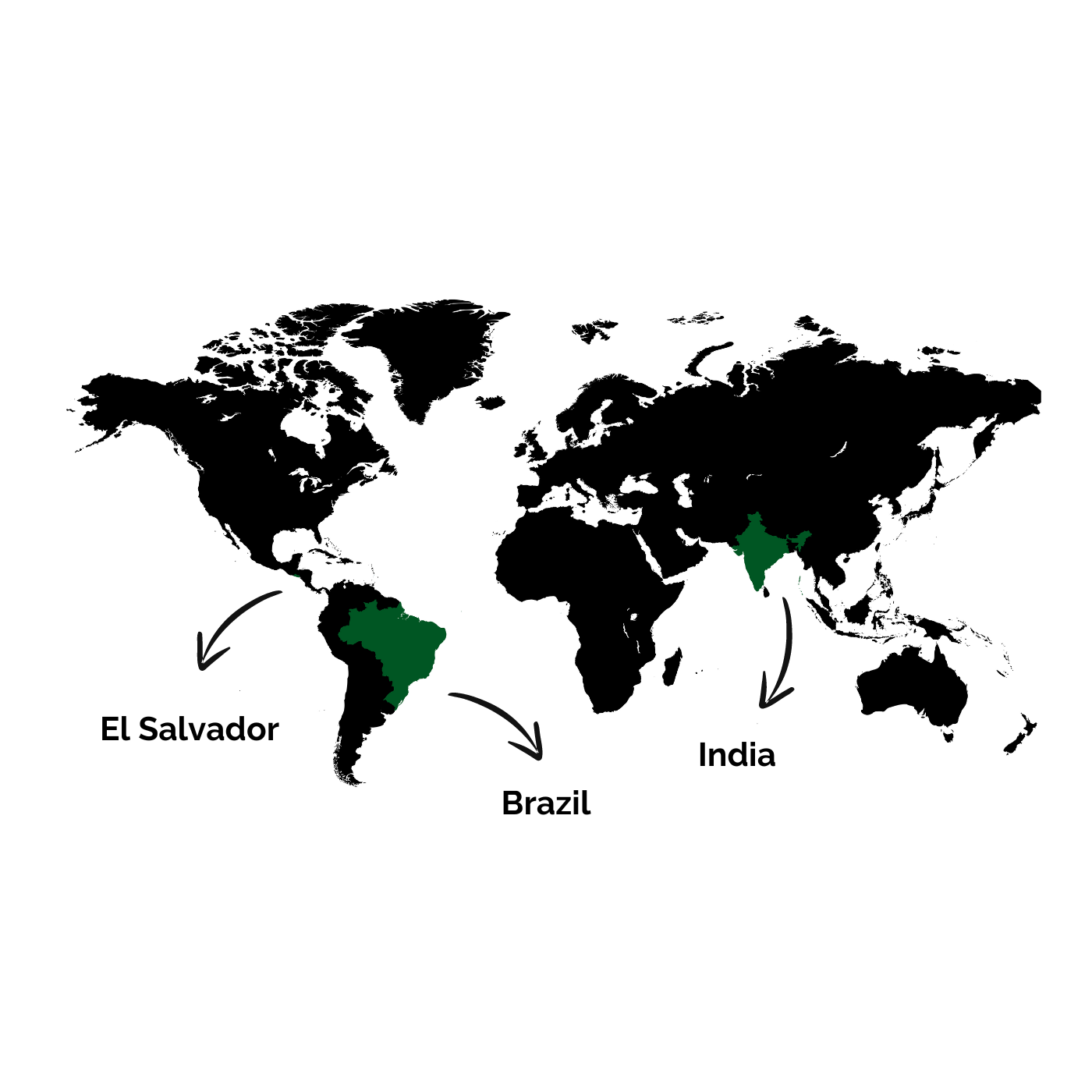 A world map with arrows pointing out the three countries where the coffee beans originate from, "El Salvador, Brazil and India".